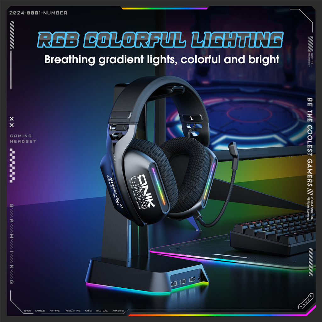 ONIKUMA GT808 Wireless Gaming Headset 2.4G Bluetooth 5.3 RGB 3D Surround Sound
