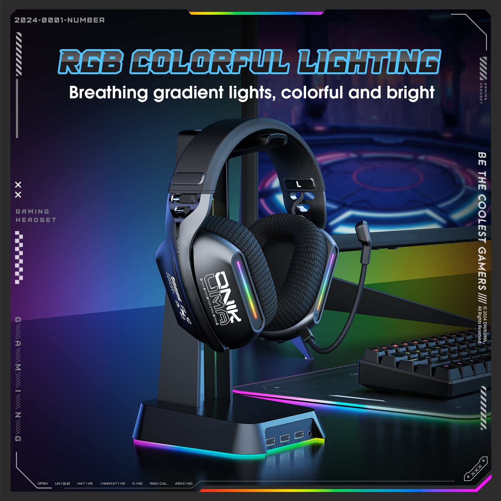ONIKUMA GT808 Wireless Gaming Headset 2.4G Bluetooth 5.3 RGB 3D Surround Sound