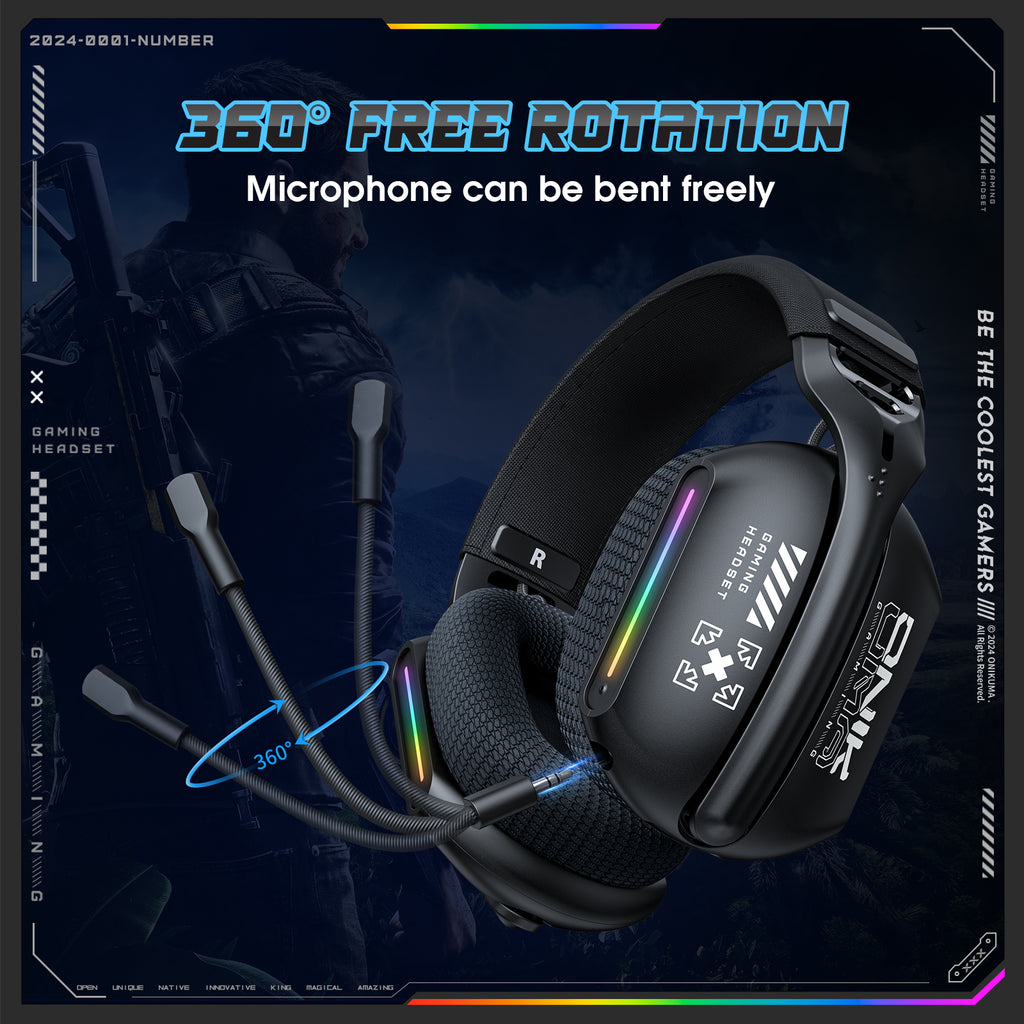 ONIKUMA GT808 Wireless Gaming Headset 2.4G Bluetooth 5.3 RGB 3D Surround Sound