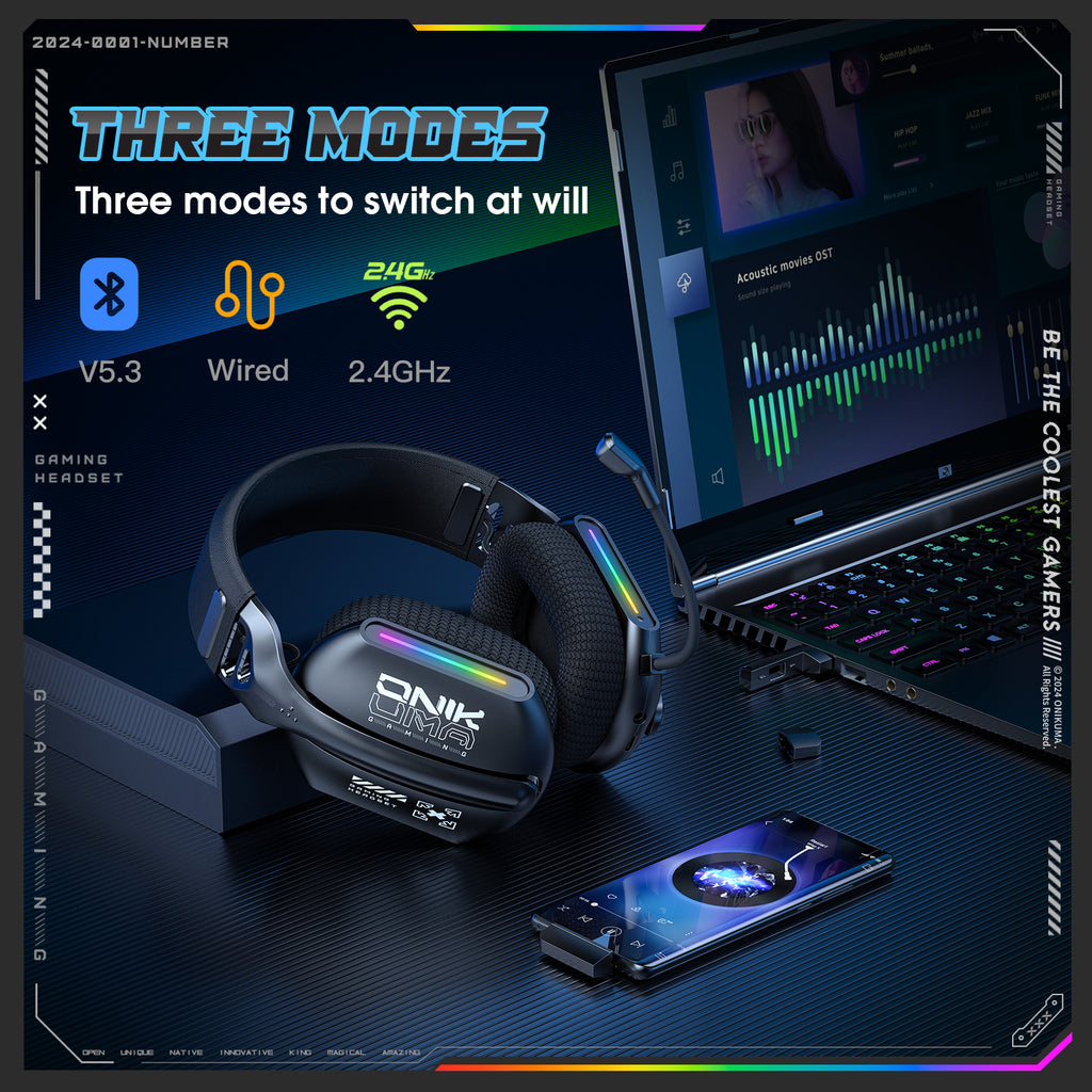 ONIKUMA GT808 Wireless Gaming Headset 2.4G Bluetooth 5.3 RGB 3D Surround Sound