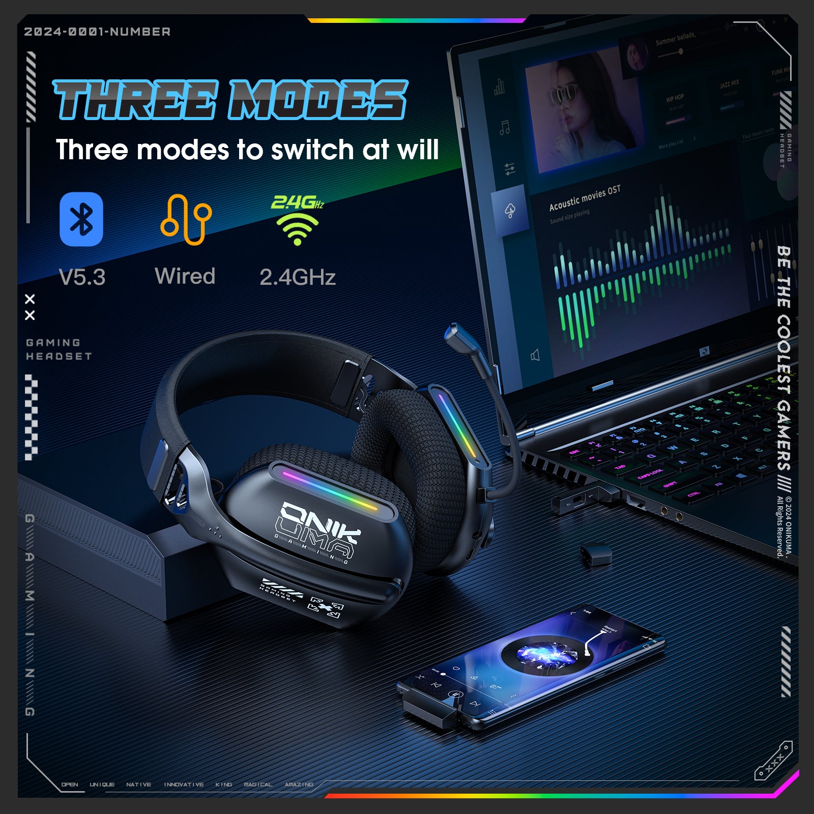 ONIKUMA GT808 Wireless Gaming Headset 2.4G Bluetooth 5.3 RGB 3D Surround Sound