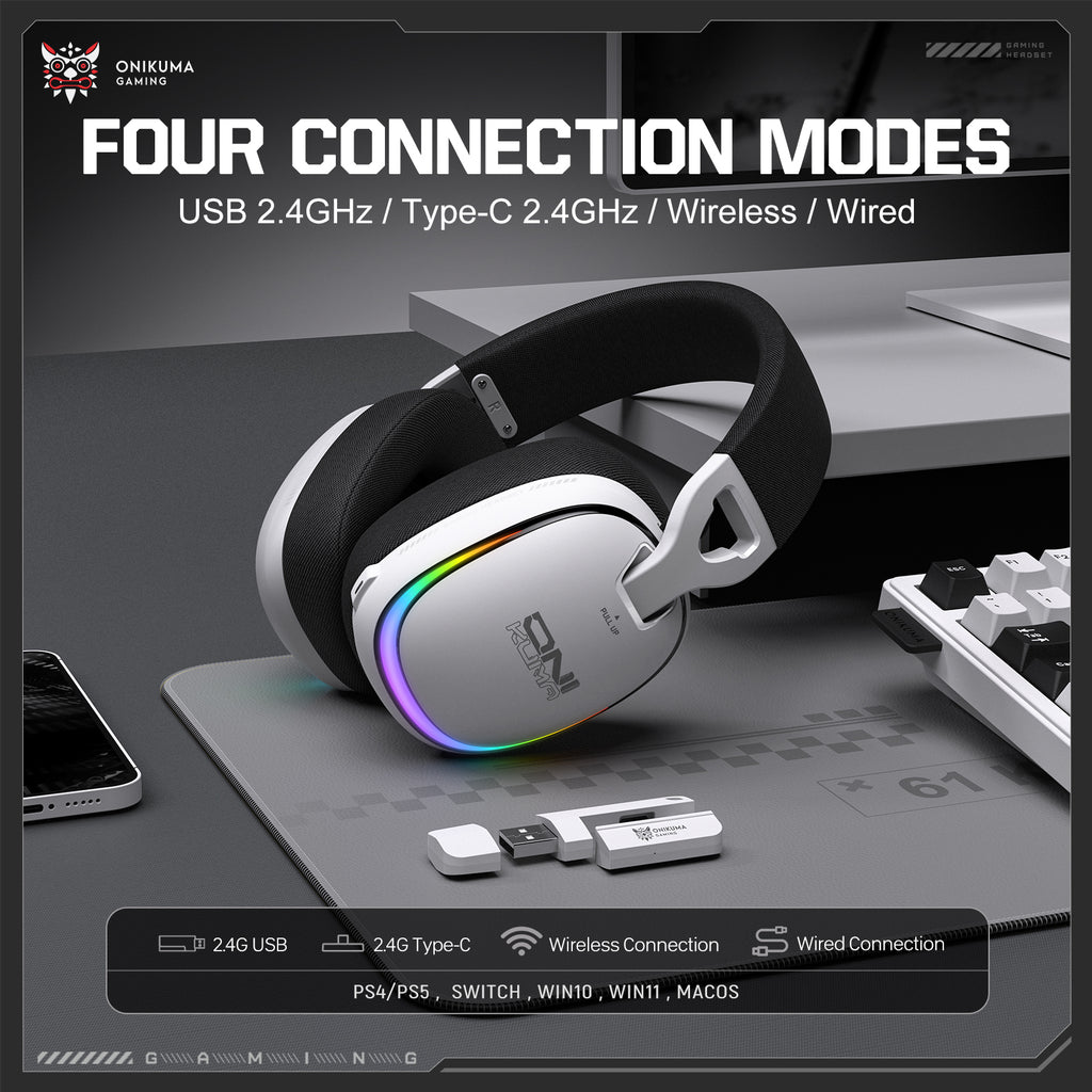 ONIKUMA GT805 4-Mode Wireless Gaming Headset Bluetooth 5.4 RGB 60H Battery PC PS5