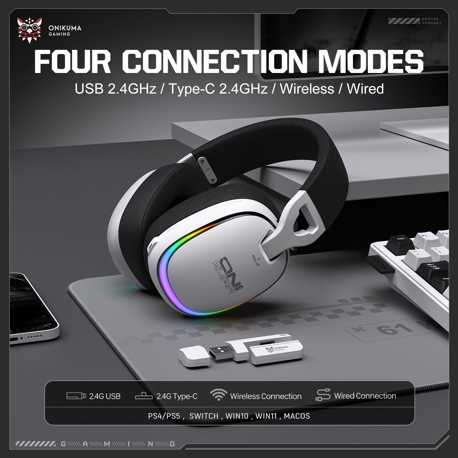ONIKUMA GT805 4-Mode Wireless Gaming Headset Bluetooth 5.4 RGB 60H Battery PC PS5