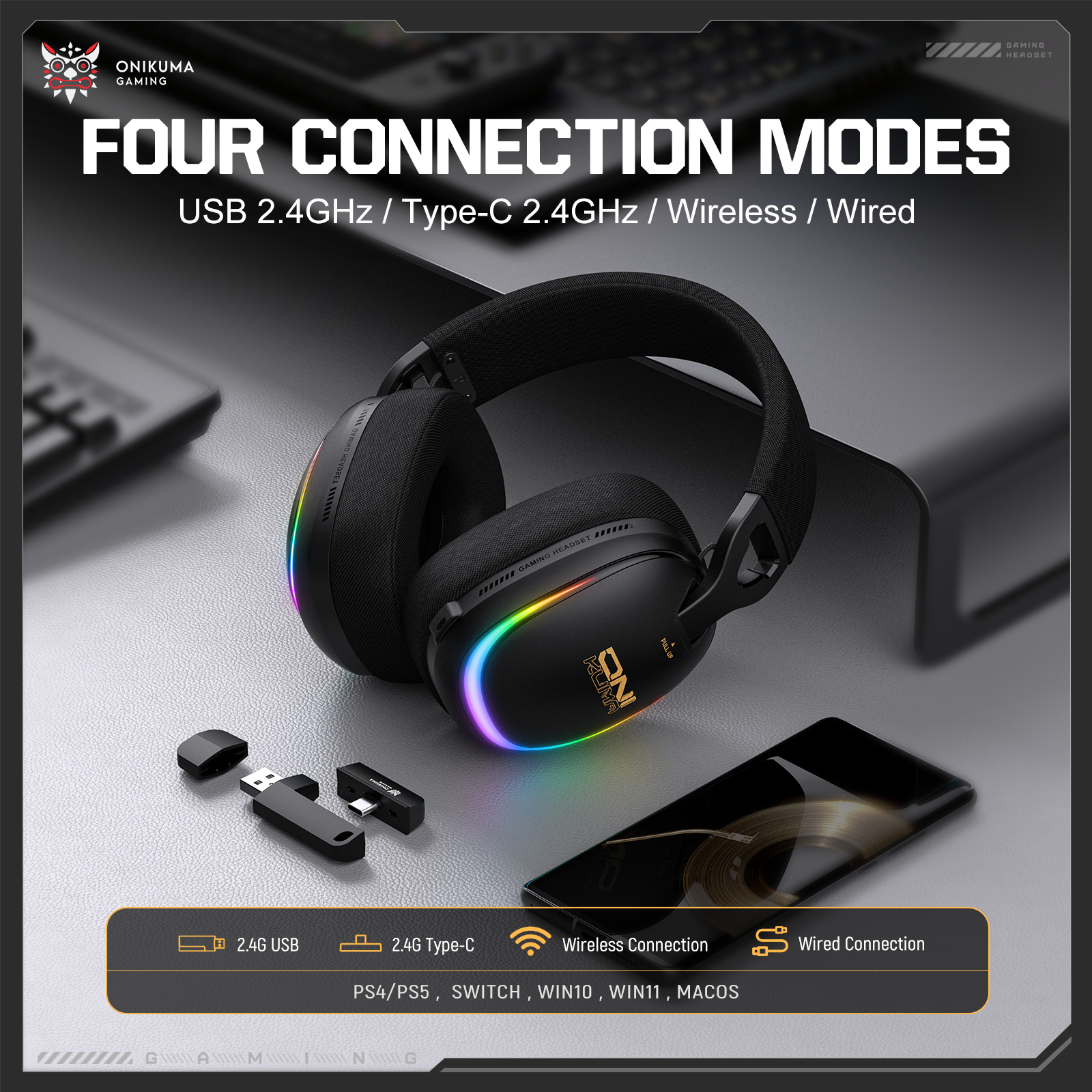 ONIKUMA GT805 4-Mode Wireless Gaming Headset Bluetooth 5.4 RGB 60H Battery PC PS5