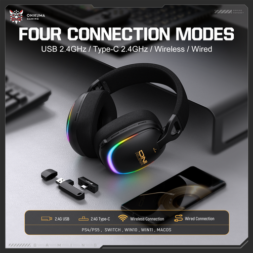 ONIKUMA GT805 4-Mode Wireless Gaming Headset Bluetooth 5.4 RGB 60H Battery PC PS5