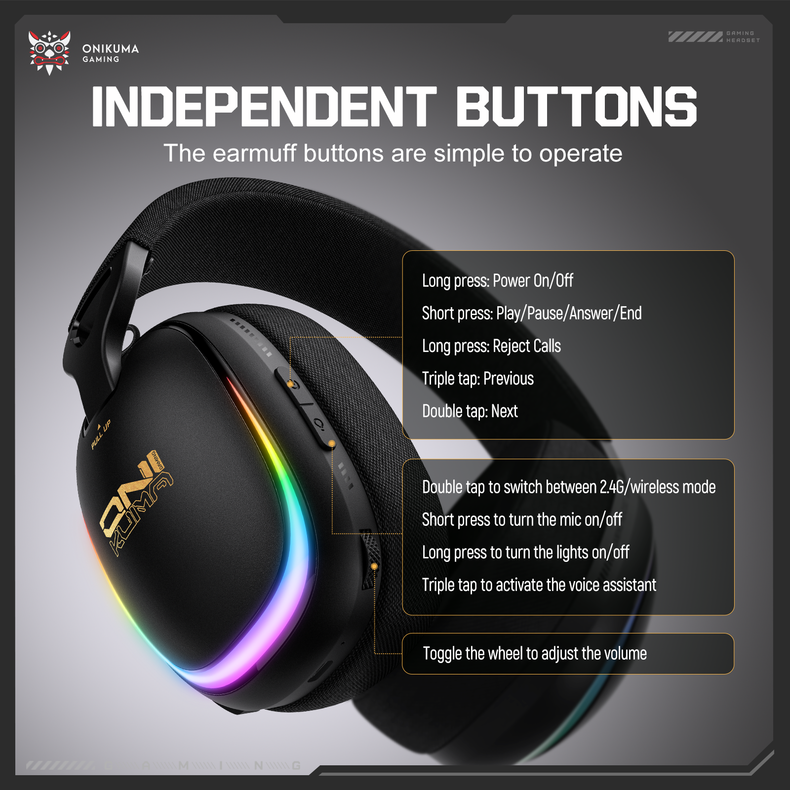 ONIKUMA GT805 4-Mode Wireless Gaming Headset Bluetooth 5.4 RGB 60H Battery PC PS5