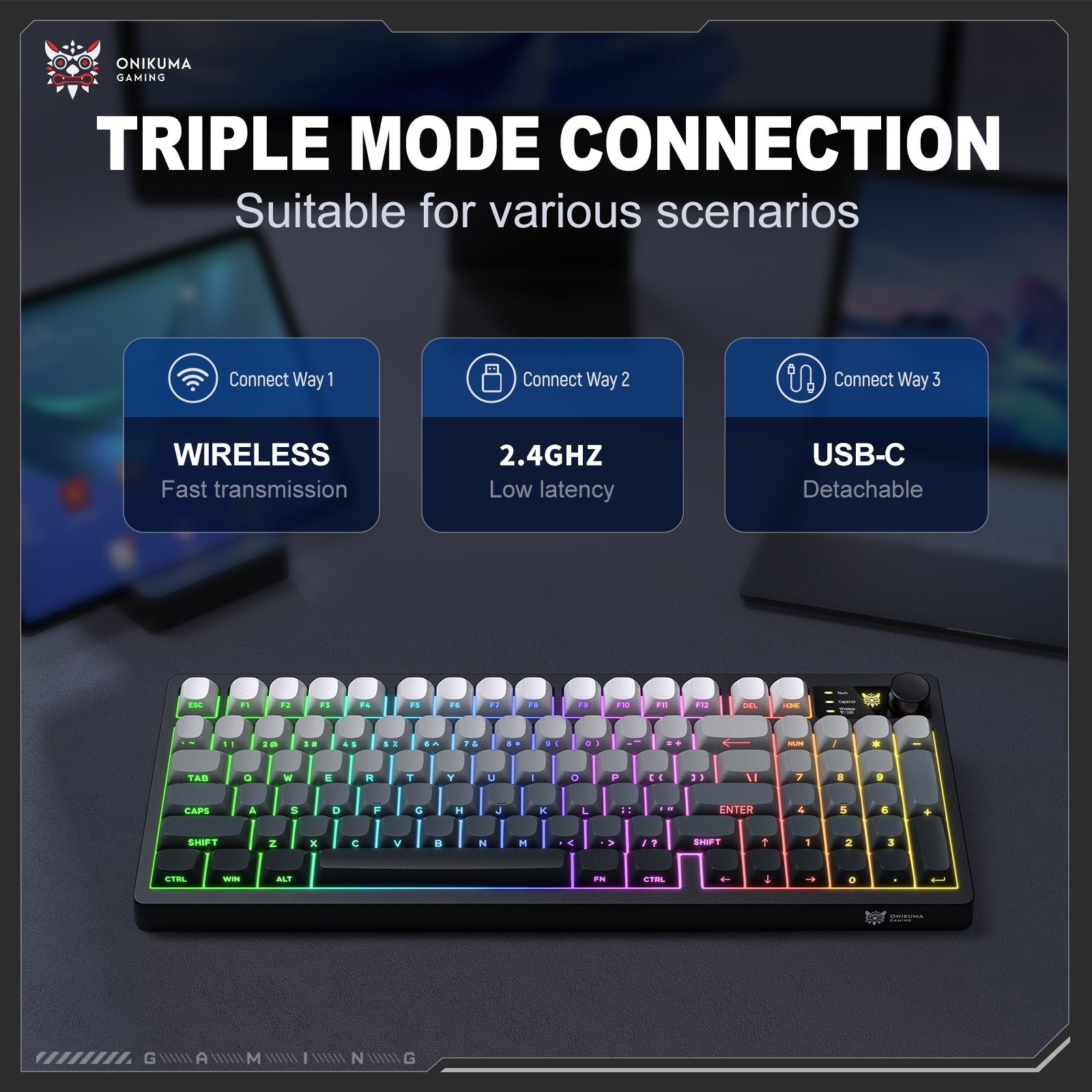 ONIKUMA MT902 Wireless Gaming Keyboard 2.4G Bluetooth Wired RGB LED PC Mac