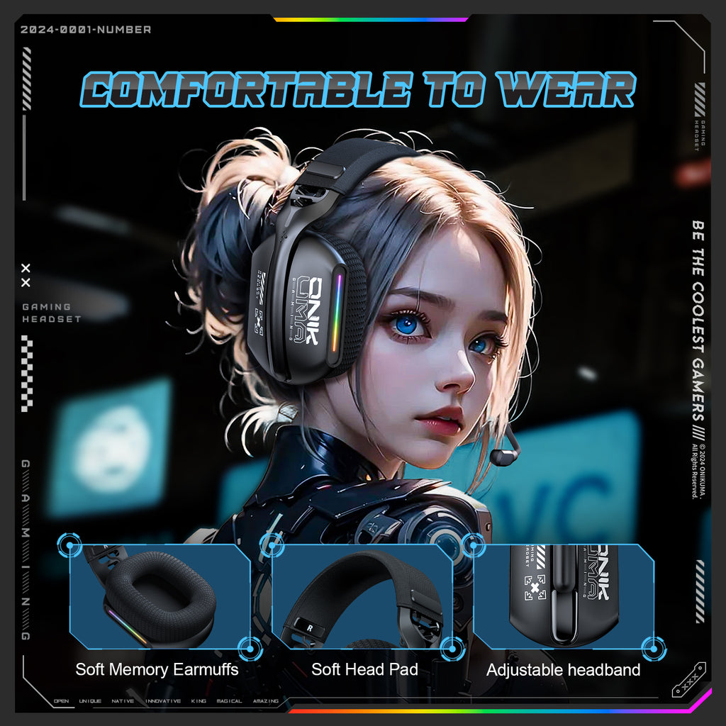 ONIKUMA GT808 Wireless Gaming Headset 2.4G Bluetooth 5.3 RGB 3D Surround Sound
