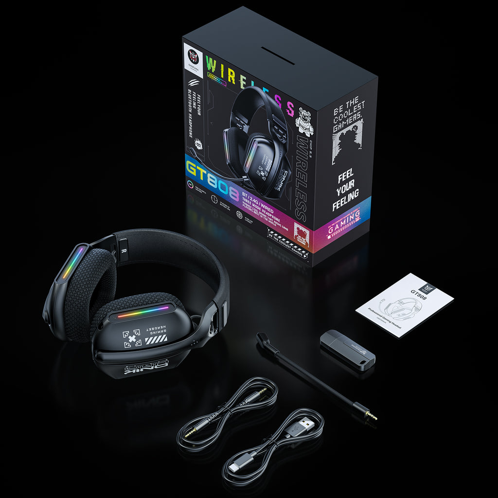 ONIKUMA GT808 Wireless Gaming Headset 2.4G Bluetooth 5.3 RGB 3D Surround Sound