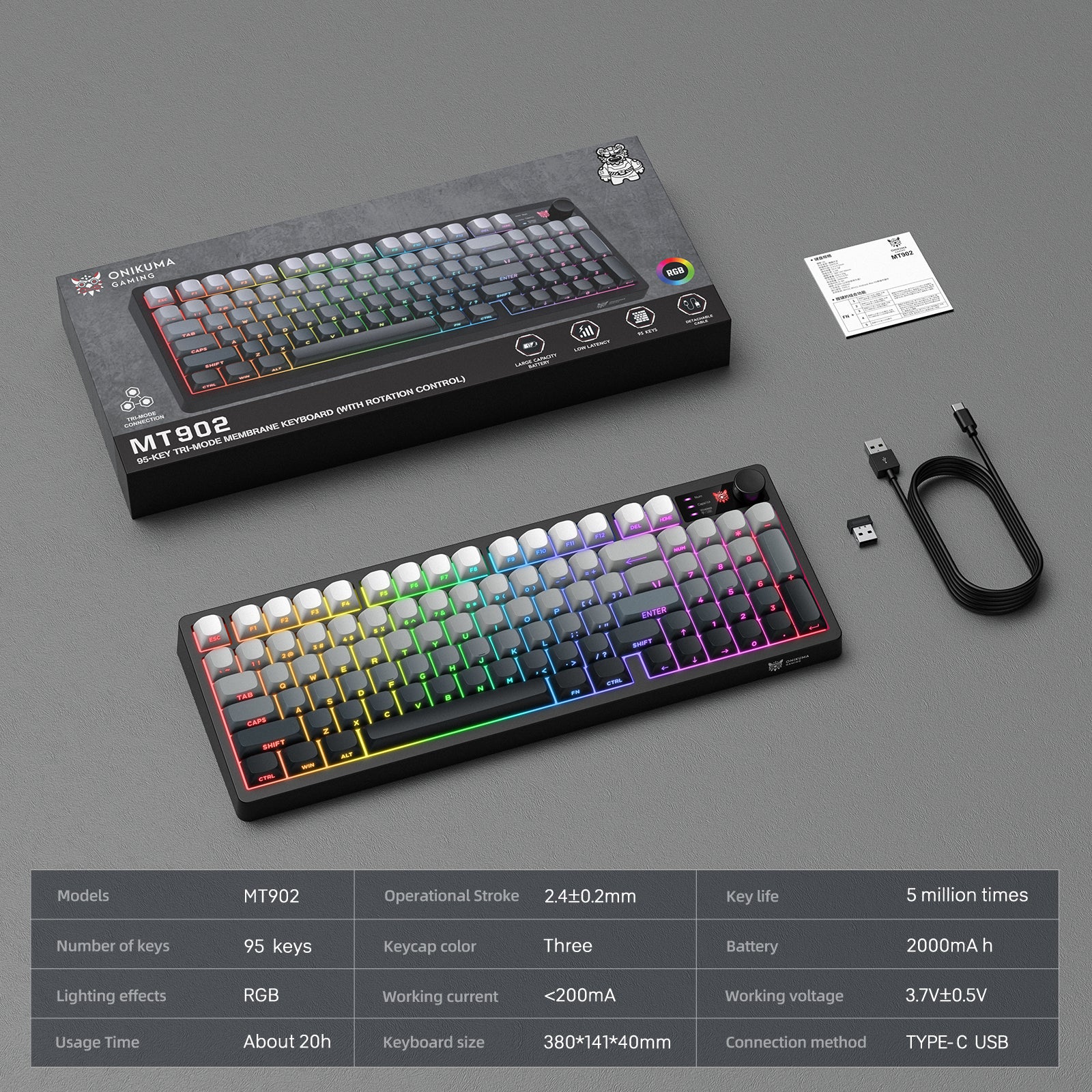 ONIKUMA MT902 Wireless Gaming Keyboard 2.4G Bluetooth Wired RGB LED PC Mac