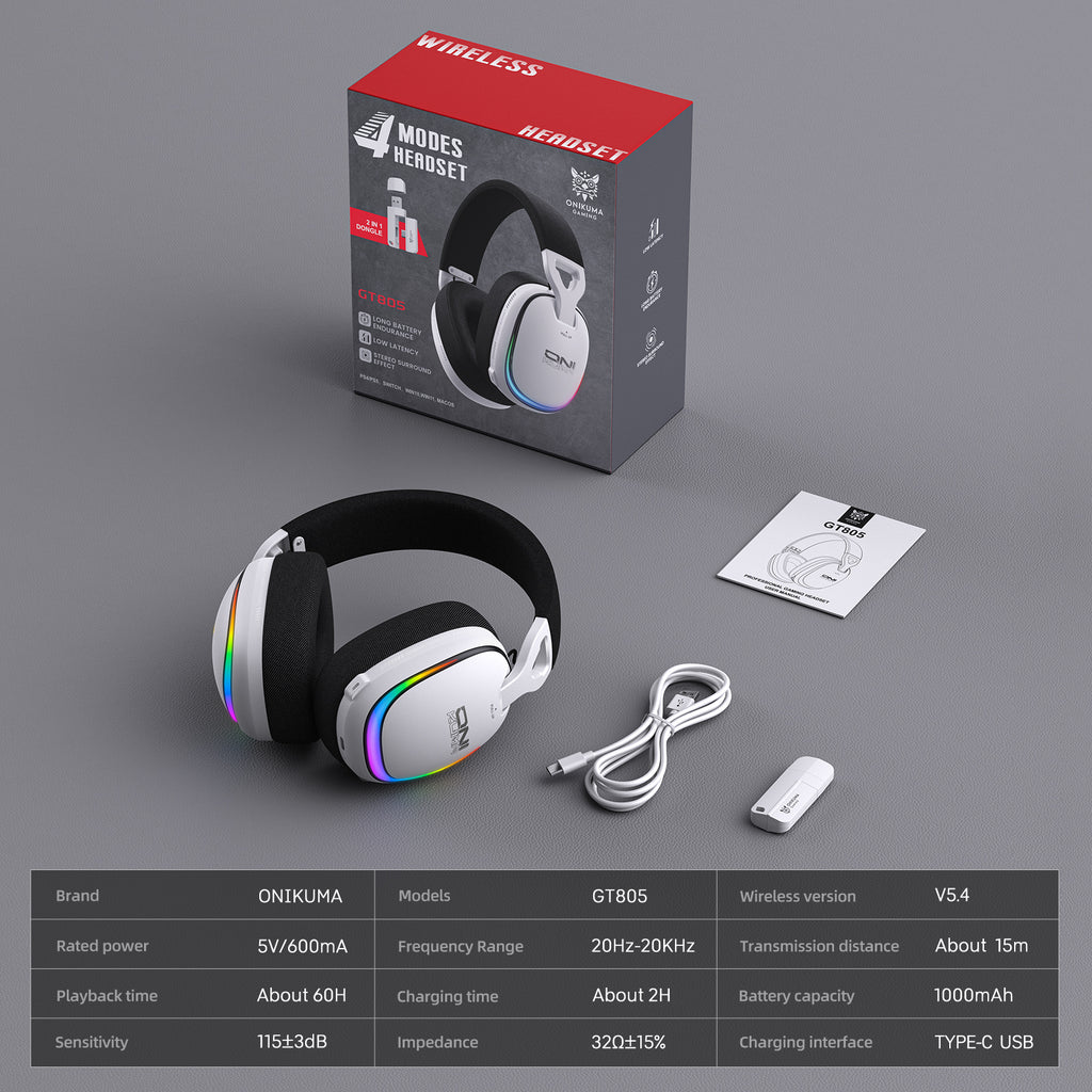 ONIKUMA GT805 4-Mode Wireless Gaming Headset Bluetooth 5.4 RGB 60H Battery PC PS5