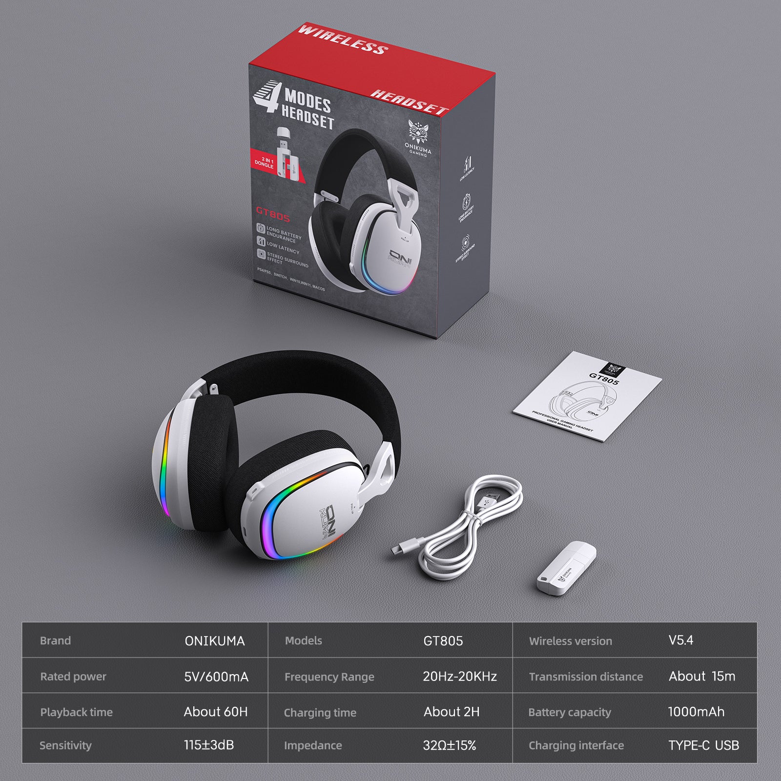 ONIKUMA GT805 4-Mode Wireless Gaming Headset Bluetooth 5.4 RGB 60H Battery PC PS5