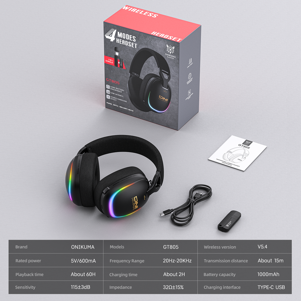 ONIKUMA GT805 4-Mode Wireless Gaming Headset Bluetooth 5.4 RGB 60H Battery PC PS5