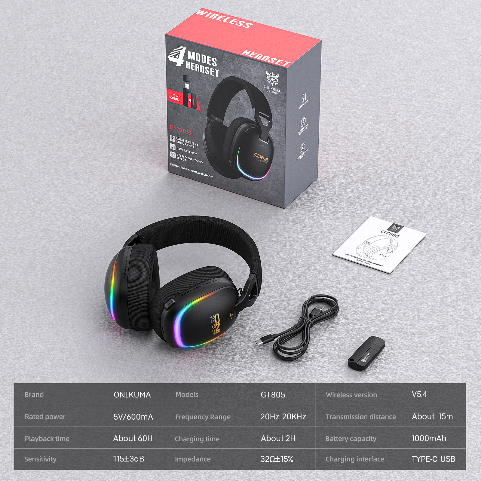ONIKUMA GT805 4-Mode Wireless Gaming Headset Bluetooth 5.4 RGB 60H Battery PC PS5