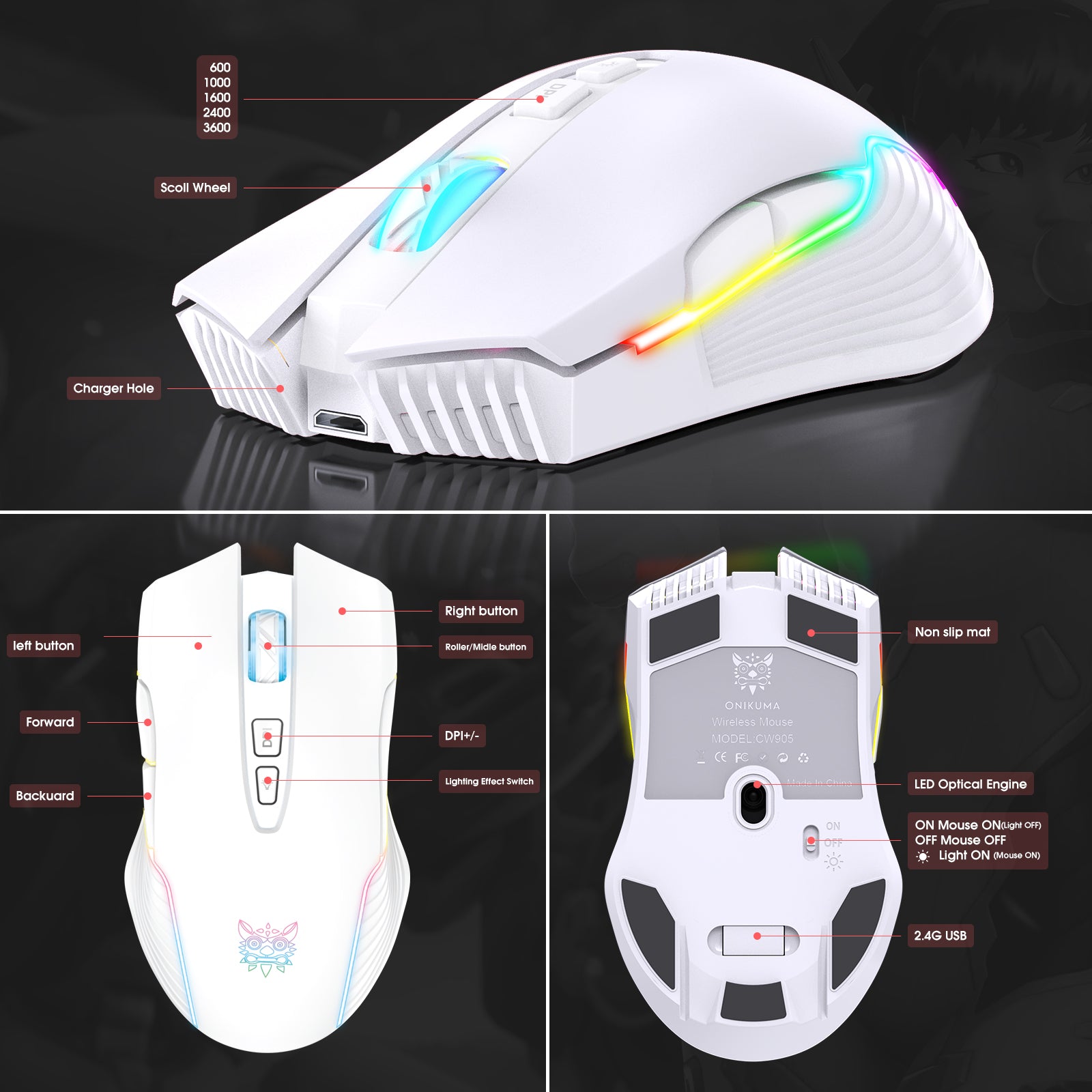 ONIKUMA CW905 Wireless Gaming Mouse 2.4G RGB LED Ergonomic PC Mac