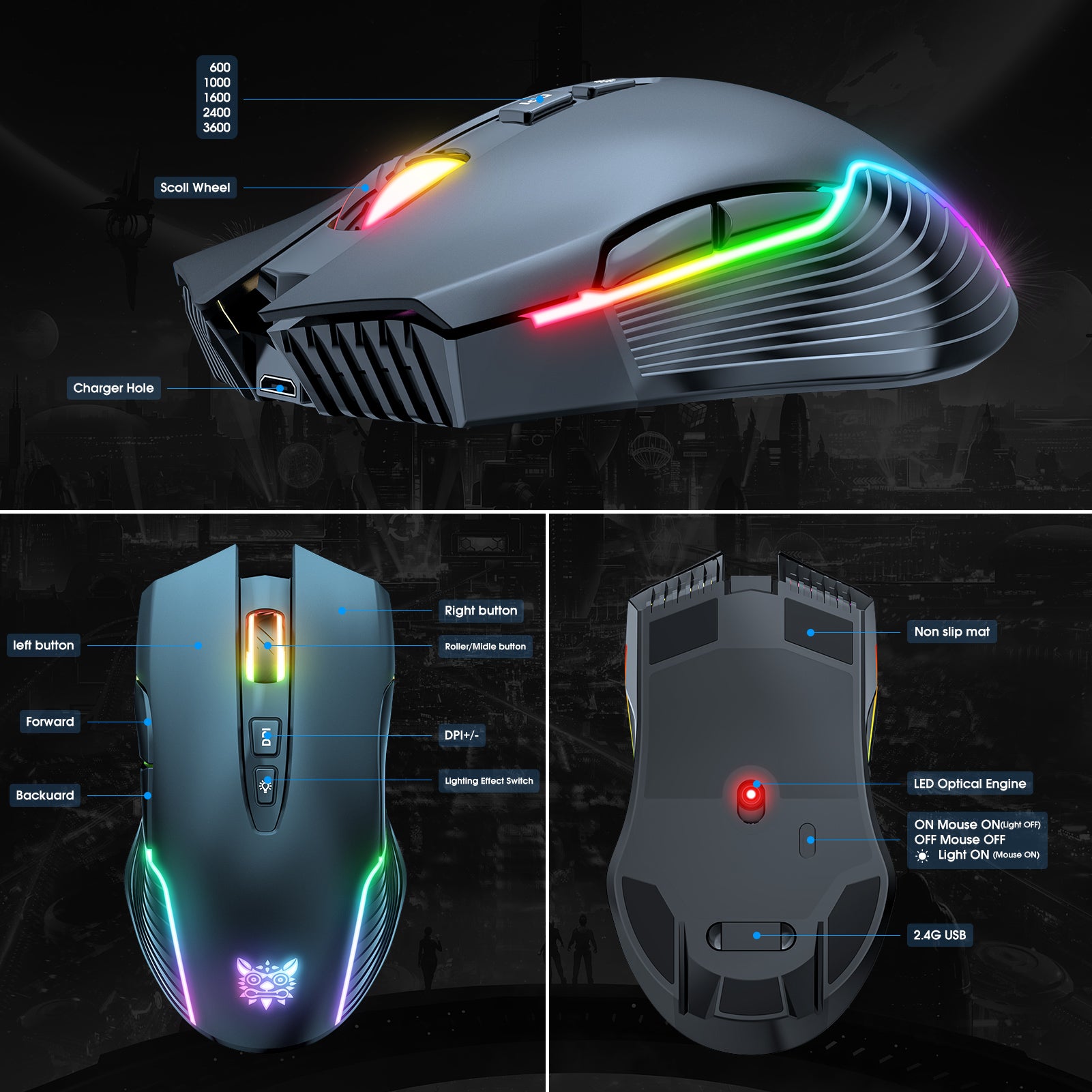 ONIKUMA CW905 Wireless Gaming Mouse 2.4G RGB LED Ergonomic PC Mac